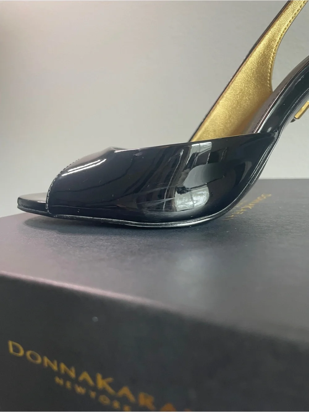 Donna Karan - Somerset - Black Patent Peep-Toe Ankle-Strap Heels with Gold Trim